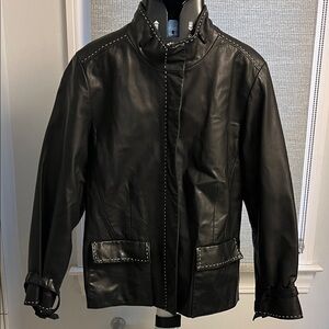 Stylish Black Leather Jacket with White Stitching